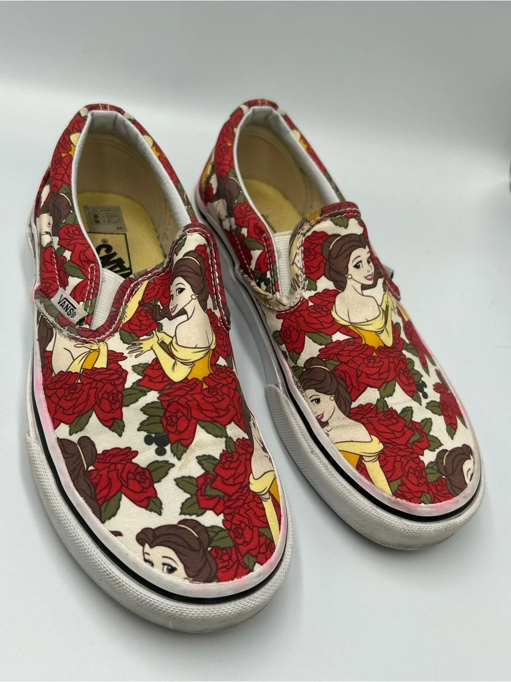 Vans Disney Cream Slip-On Sneakers with Belle and Red Rose Print